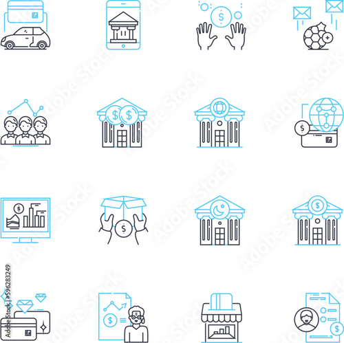 Fiscal policy linear icons set. Budget, Deficit, Surplus, Taxation, Government spending, Revenue, Inflation line vector and concept signs. Economic growth,National debt,Public finance outline