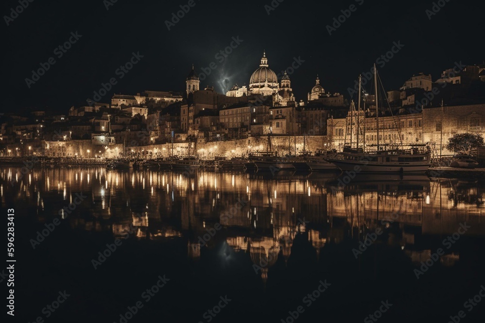 Nighttime view of Valletta old town and harbor reflecting in water. Generative AI