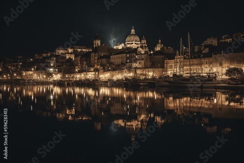 Nighttime view of Valletta old town and harbor reflecting in water. Generative AI © Elara