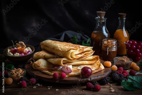 Traditional breakfast food from Ukraine that resembles thin crepes often filled with sweet or savory toppings. Generative AI