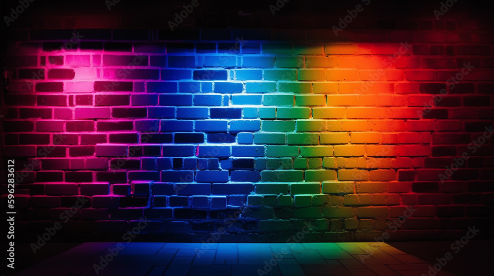 Rainbow Neon Lights Against Brick Wall Background - LGBTQ+ Pride Theme - Generative AI Rainbow Neon Lights Against Brick Wall Background - LGBTQ+ Pride Theme - Generative AI