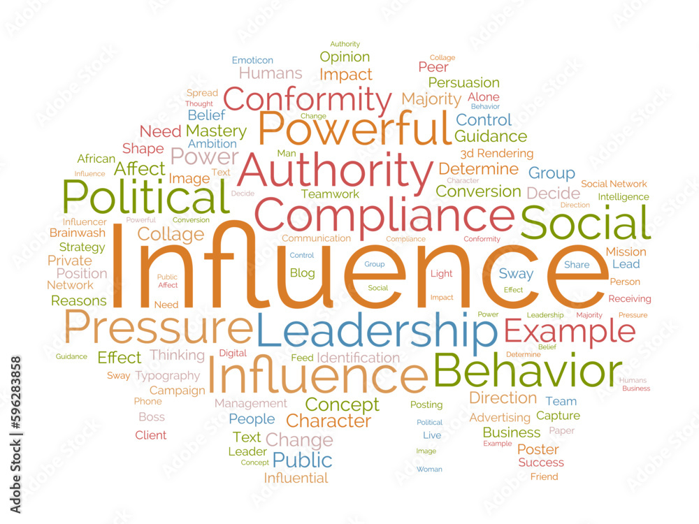 Word cloud background concept for Influence. leadership influence power for client management, share strategy concept. vector illustration.