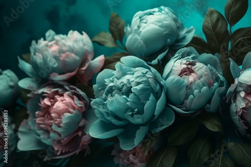 Turquoise background with AI-generated pastel peonies. Generative AI
