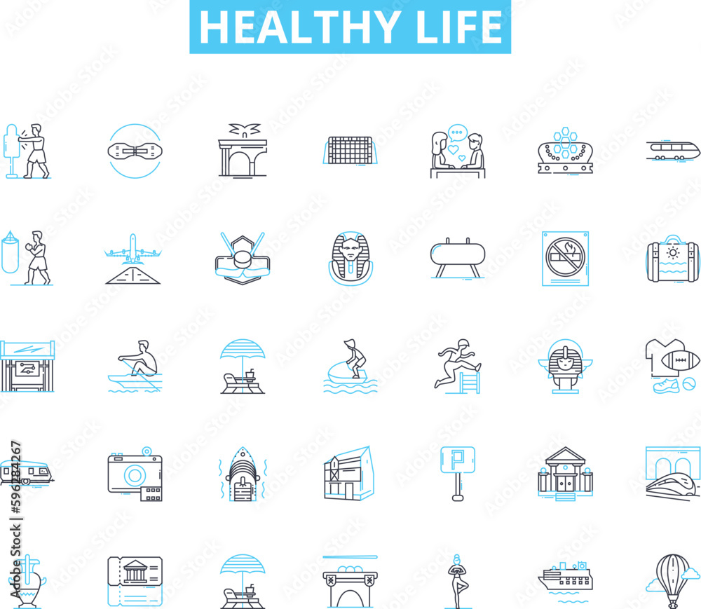 Healthy life linear icons set. Wellness, Fitness, Nourishment, Meditation, Exercise, Hydration, Cleanliness line vector and concept signs. Balance,Resilience,Nutrition outline illustrations Healthy life linear icons set. Wellness, Fitness, Nourishment, Meditation, Exercise, Hydration, Cleanliness line vector and concept signs. Balance,Resilience,Nutrition outline illustrations