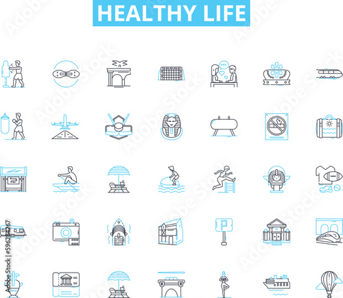 Healthy life linear icons set. Wellness, Fitness, Nourishment, Meditation, Exercise, Hydration, Cleanliness line vector and concept signs. Balance,Resilience,Nutrition outline illustrations