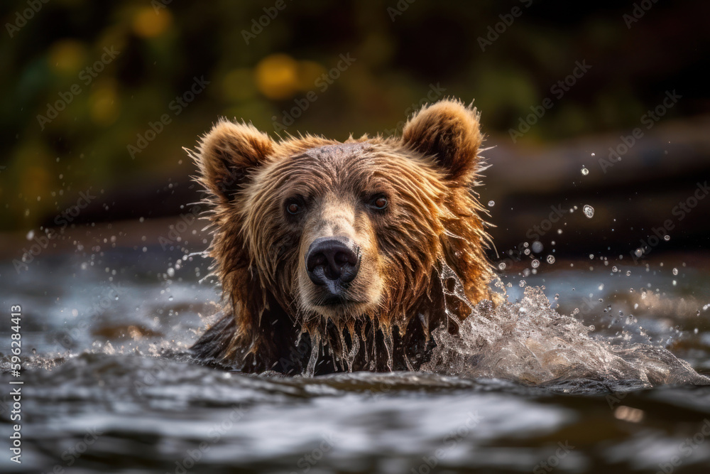 Natural wildlife. Brown bear in the water. Generative AI. Natural wildlife. Brown bear in the water. Generative AI.
