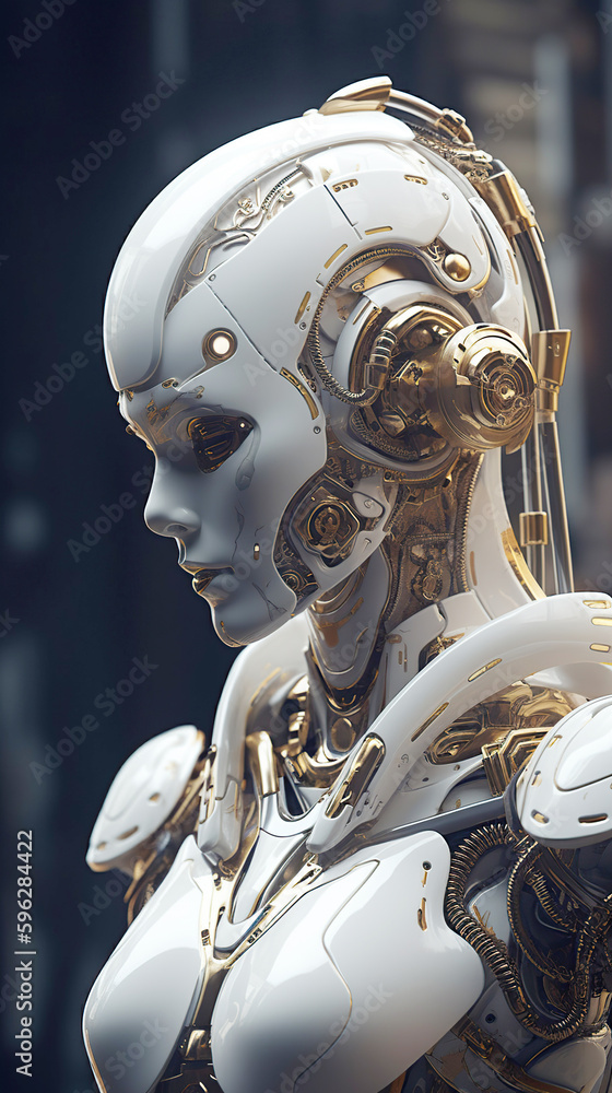 Fototapeta premium Robot android woman with golden details. Generative Ai