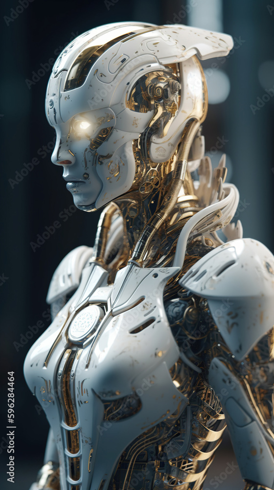 Robot android woman with golden details. Generative Ai