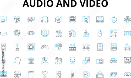 audio and video linear icons set. Playback, Streaming, Editing, Mixing, Recording, Encoding, Sampling vector symbols and line concept signs. Synthesis,Amplification,Visualization illustration