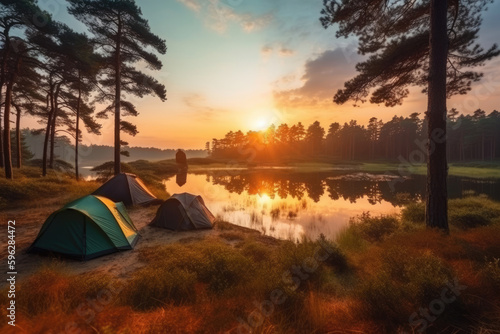 Camping tent in a camping in a forest by the river. Generative AI.