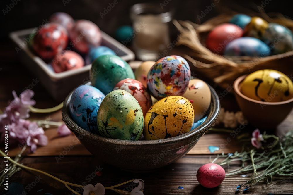 Fototapeta premium Easter colored eggs in a basket Generative AI.