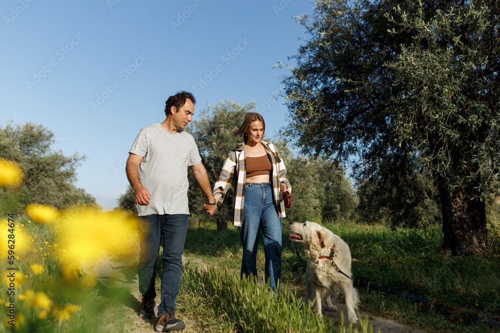 Couple with pet ,golden retriever dog, walking along path across field in countryside in Cyprus Couple with pet ,golden retriever dog, walking along path across field in countryside in Cyprus