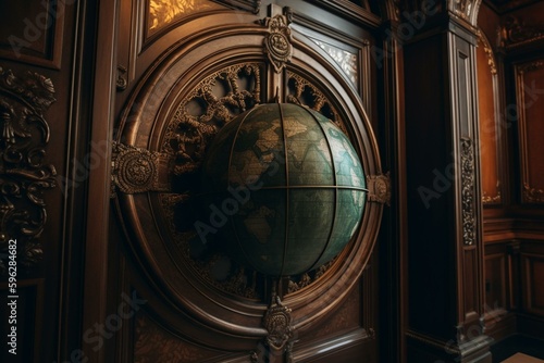 A detailed view of a globe and doors. Generative AI