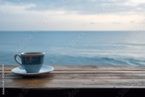 Coffee mug on a wooden table against the background of the sea. Generative AI.
