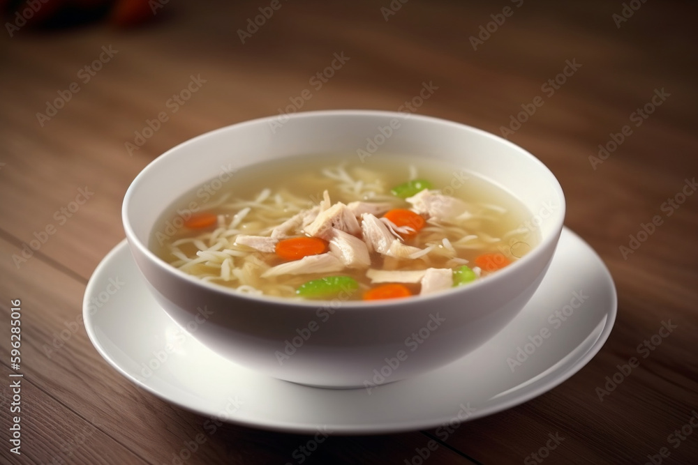 Chicken soup in white bowl, chicken broth Chicken soup in white bowl, chicken broth