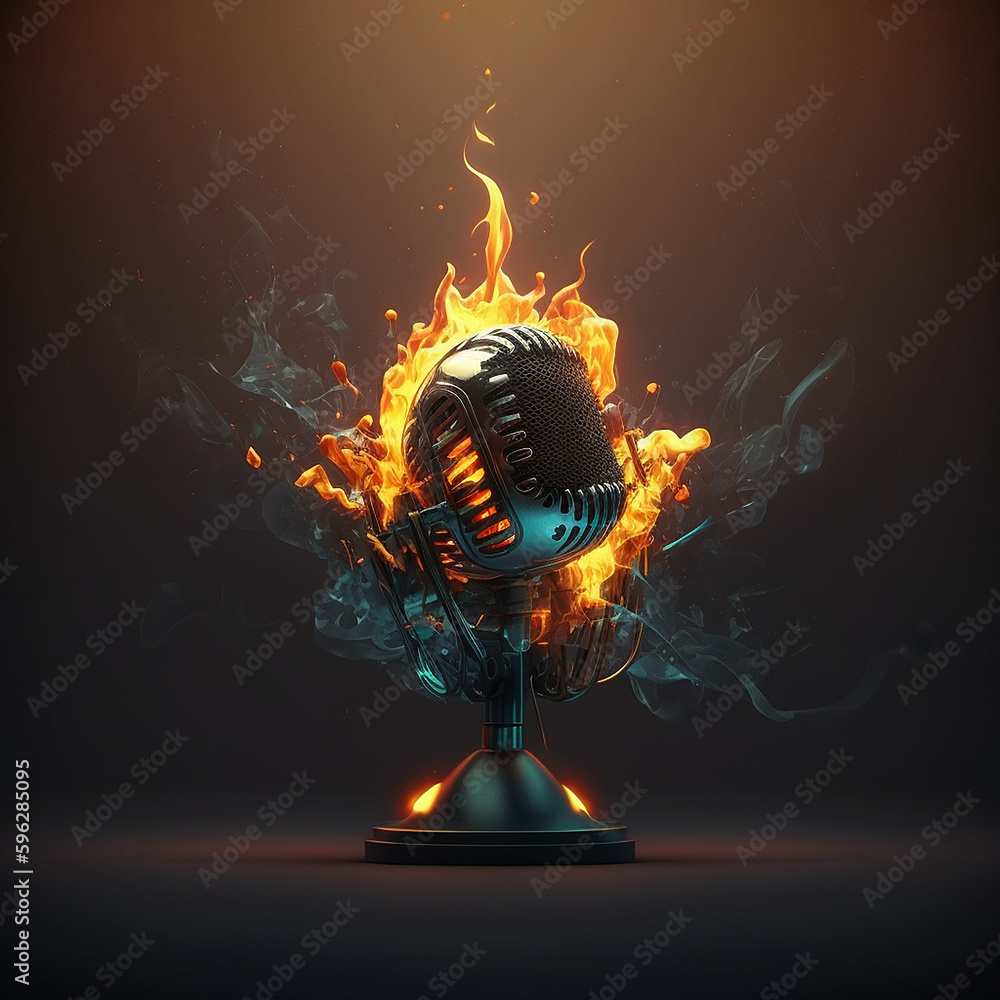 Microphone in stand on fire burning 3d animation dark background AI ...