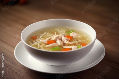 Chicken soup in white bowl, chicken broth