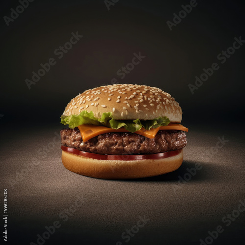 Beef burgers on wooden plate. Generative AI.