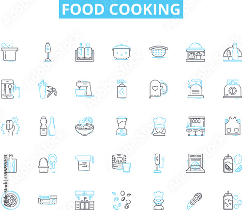 Food cooking linear icons set. Saut?ing, Grilling, Baking, Frying, Roasting, Braising, Boiling line vector and concept signs. Simmering,Stir-fry,Steaming outline illustrations