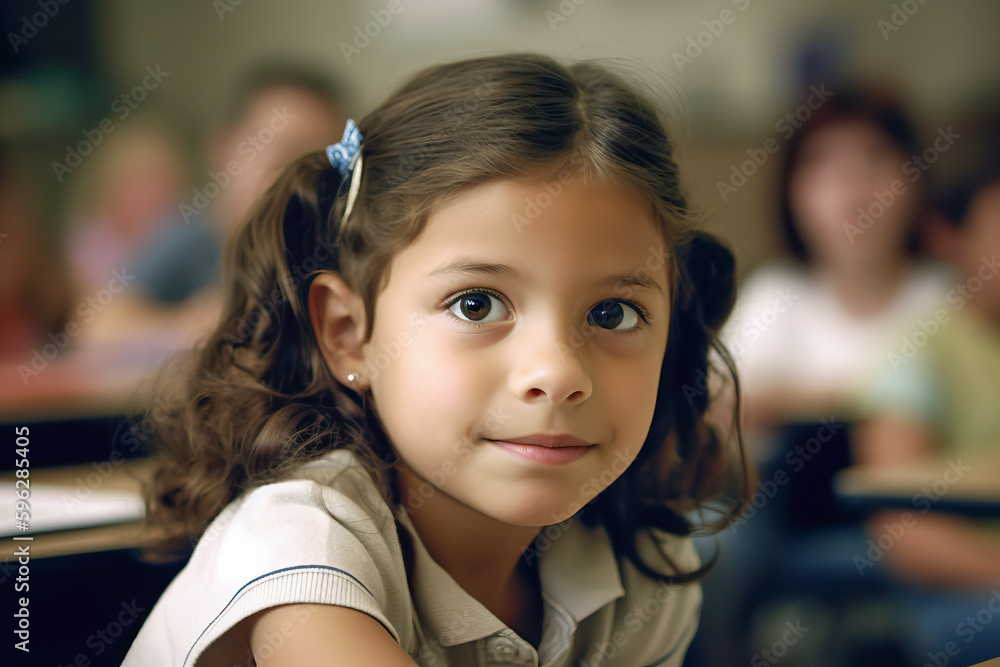 Portrait of girl sitting at her desk in class. Generative AI Portrait of girl sitting at her desk in class. Generative AI