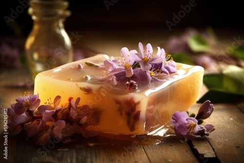 Bar of handmade soap with flowers. Generative ai.