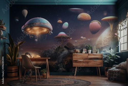 Space themed wallpaper with cartoon UFO and mural art for kid's room. Generative AI
