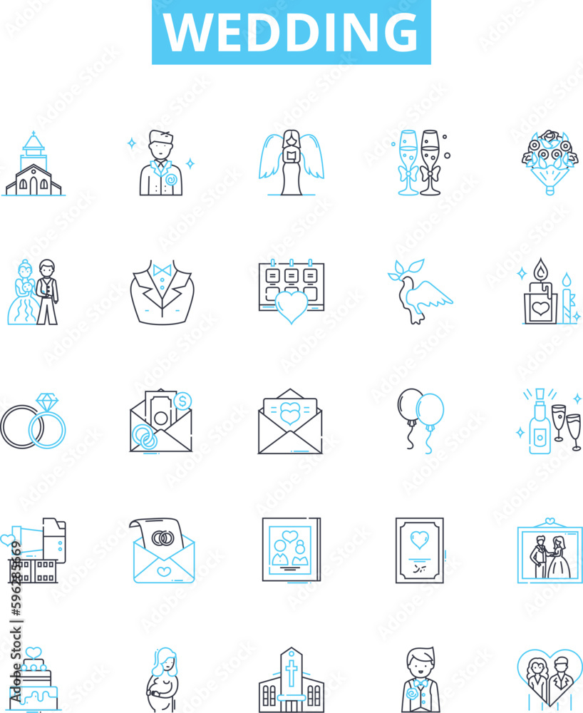 Wedding vector line icons set. Marriage, Nuptials, Ceremony, Bride, Groom, Vows, Celebration illustration outline concept symbols and signs Wedding vector line icons set. Marriage, Nuptials, Ceremony, Bride, Groom, Vows, Celebration illustration outline concept symbols and signs