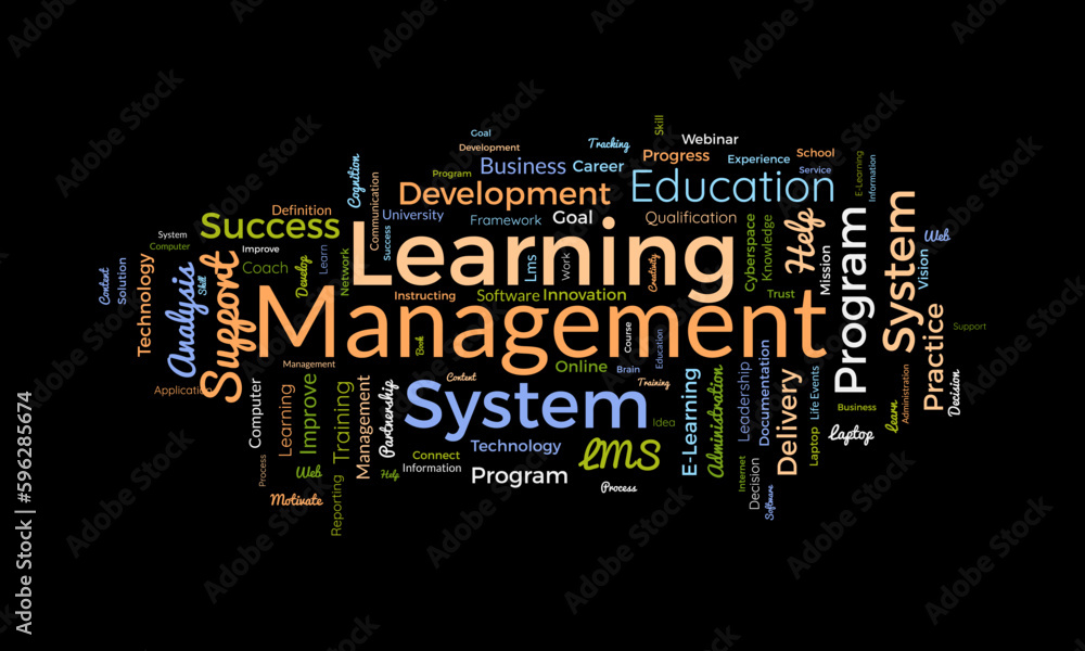 Word cloud background concept for Learning Management System(LMS). Business development goal, analysis of success knowledge improvement. vector illustration.