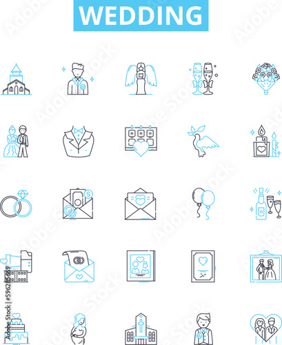 Wedding vector line icons set. Marriage, Nuptials, Ceremony, Bride, Groom, Vows, Celebration illustration outline concept symbols and signs