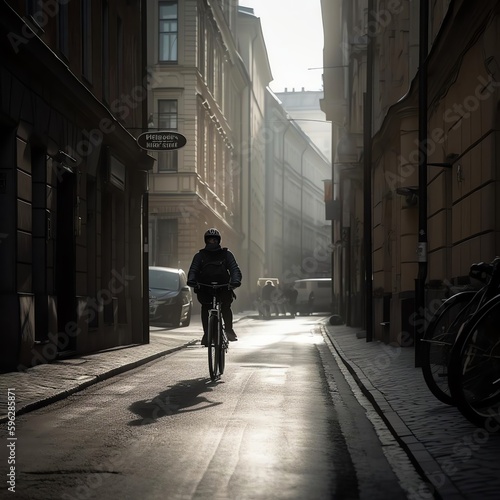 A Person Rides a Bicycle on a Street