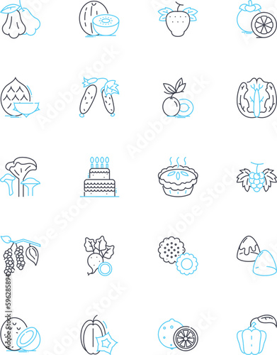 Aquaculture linear icons set. Harvest, Fish, Shrimp, Algae, Oysters, Mussels, Tilapia line vector and concept signs. Trout,Salmon,Aquaponics outline illustrations