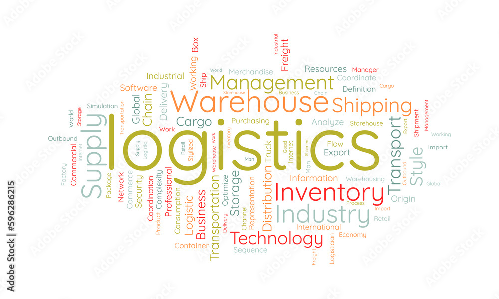 Obraz premium Word cloud background concept for logistics. Transportation business, shipping distribution chain of export cargo industry. vector illustration.