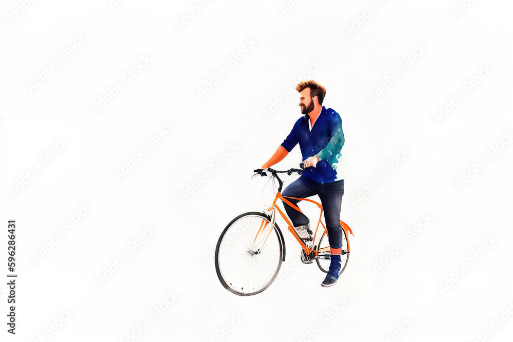 Obraz premium Watercolor postcard of a cyclist on a white isolated background, Generative AI.