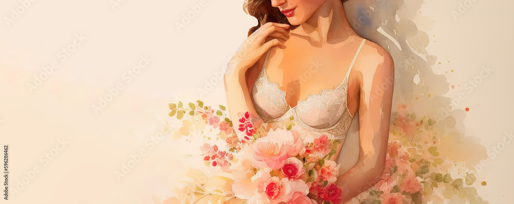 Watercolor drawing of an elegant, slim, sexy girl in lingerie with flowers. Generative AI. Watercolor drawing of an elegant, slim, sexy girl in lingerie with flowers. Generative AI.