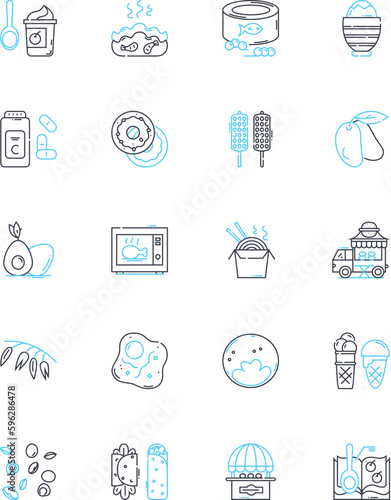 Diner joint linear icons set. Classic, Nostalgic, Greasy, Delicious, Casual, Old-school, Comforting line vector and concept signs. Cozy,Homey,Friendly outline illustrations