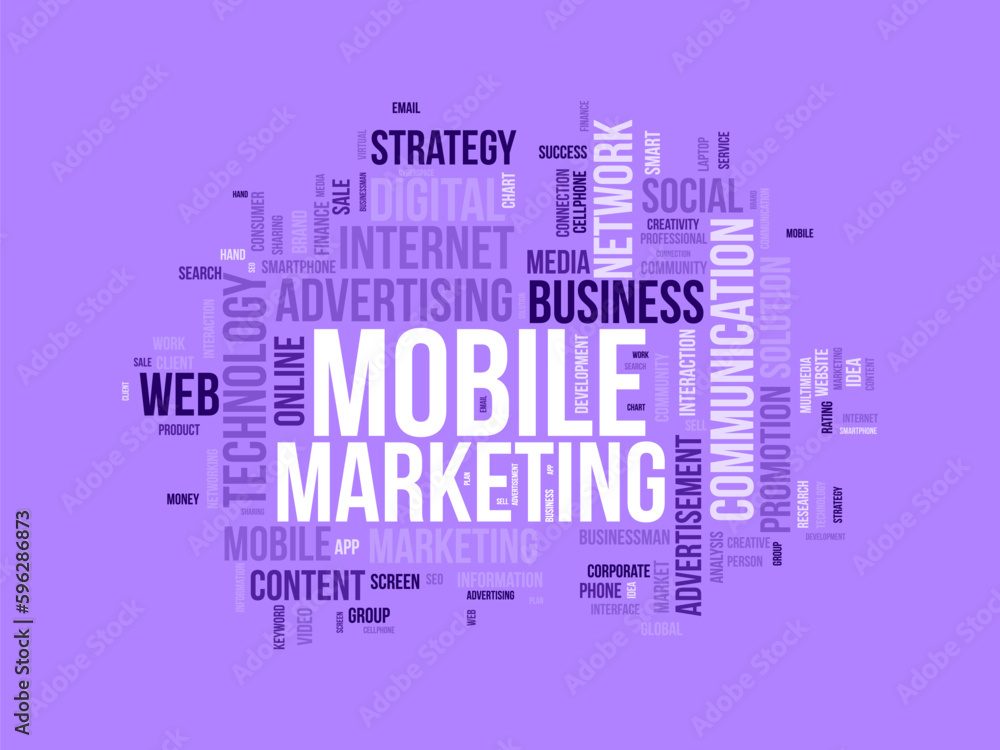 Obraz premium Word cloud background concept for Mobile Marketing. Media advertisement, digital social communication of business promotion. vector illustration.