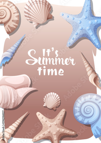 Summer background with sea shells, clams, starfish on the sand. Postcard, banner, flyer with beach vibe