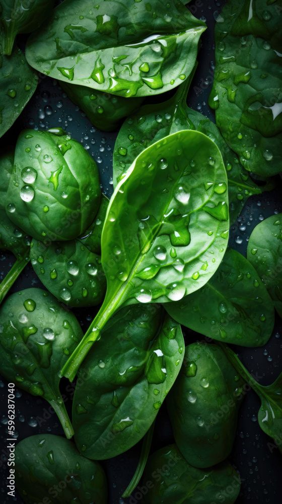Fototapeta premium Fresh green spinach leaves with water drops on dark background, top view.
