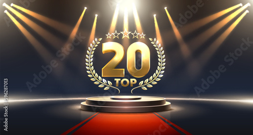 Top 20 best podium award sign, golden object. Vector illustration