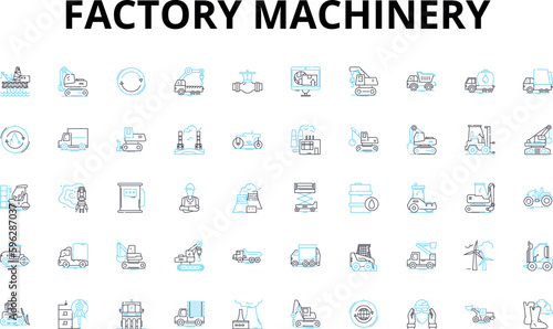 Factory machinery linear icons set. Automation, Assembly, Production, Efficiency, Robotics, Conveyors, Welding vector symbols and line concept signs. Milling,Machining,Fabrication illustration