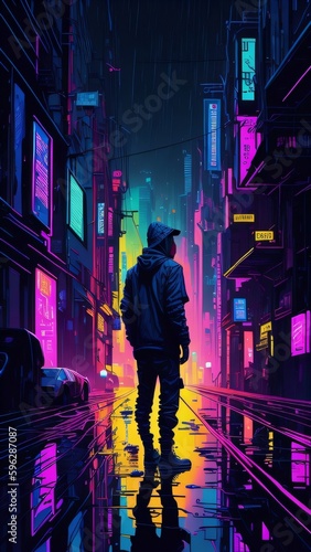 AI art of a Man standing in Neon City Road  © H&R AI
