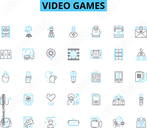 Video games linear icons set. Adventure, Console, eSports, Fun, Gaming, Graphics, Immersive line vector and concept signs. Innovation,MMO,Multiplayer outline illustrations