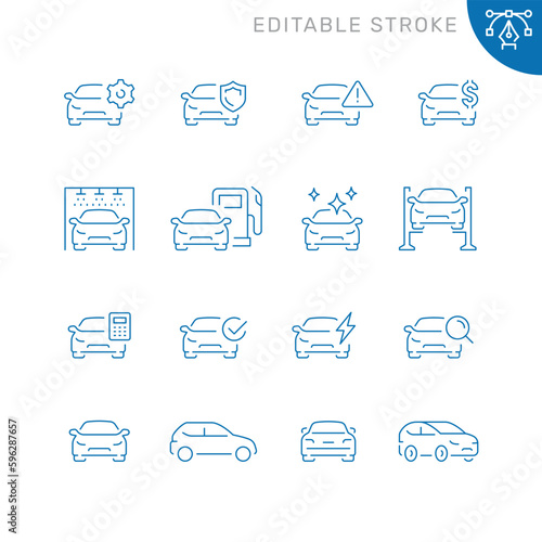Vector line set of icons related with car. Contains monochrome icons like car, service, auto, repair and more. Simple outline sign. Editable stroke.