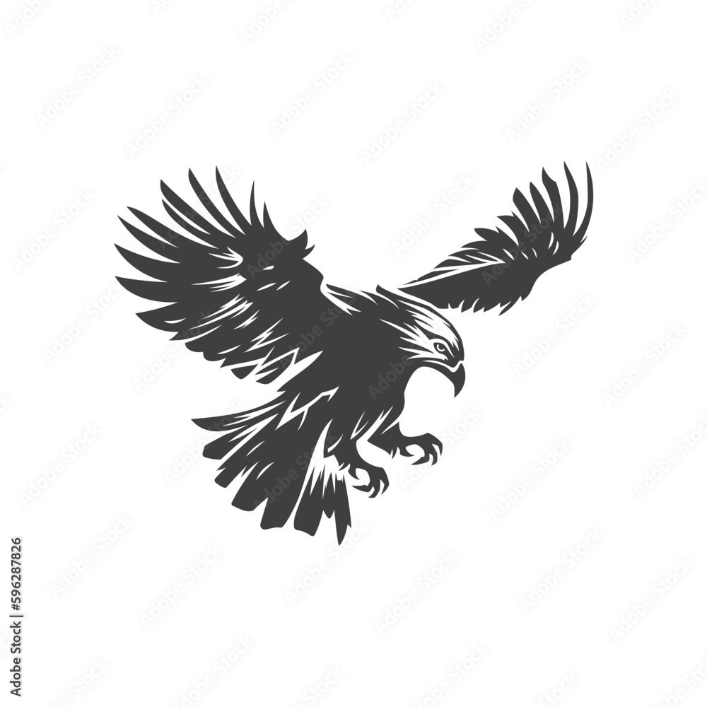 Obraz premium Flying eagle hawk with open wings wild carnivorous bird vintage icon design vector illustration