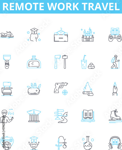 Remote work travel vector line icons set. Remote, Work, Travel, Remote-Work, Work-Travel, Telecommuting, Virtual illustration outline concept symbols and signs
