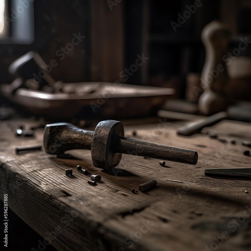 A close up of a hammer and nails on a wooden table.