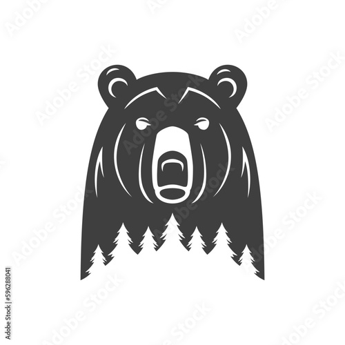 Bear spruce forest double exposure effect travel camp vintage logo design vector illustration