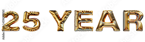 Golden Year sign made of inflatable balloons isolated on white. Helium balloons, gold foil numbers. Sale decoration, black friday, discount ,happy birthday concept. 25 year ,advertisement