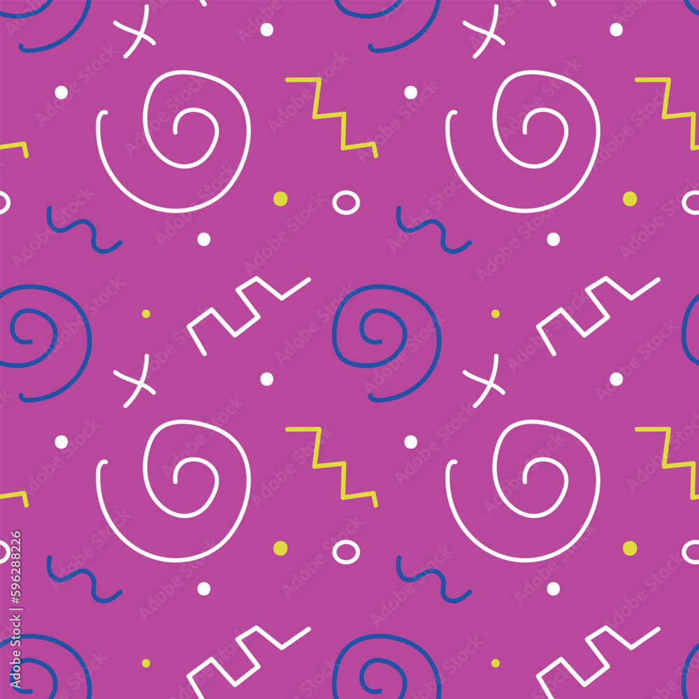 Seamless pattern from the 90s of spirals and squiggles on a fuchsia background. Vector illustration for decoration, postcards, print, fabric Seamless pattern from the 90s of spirals and squiggles on a fuchsia background. Vector illustration for decoration, postcards, print, fabric