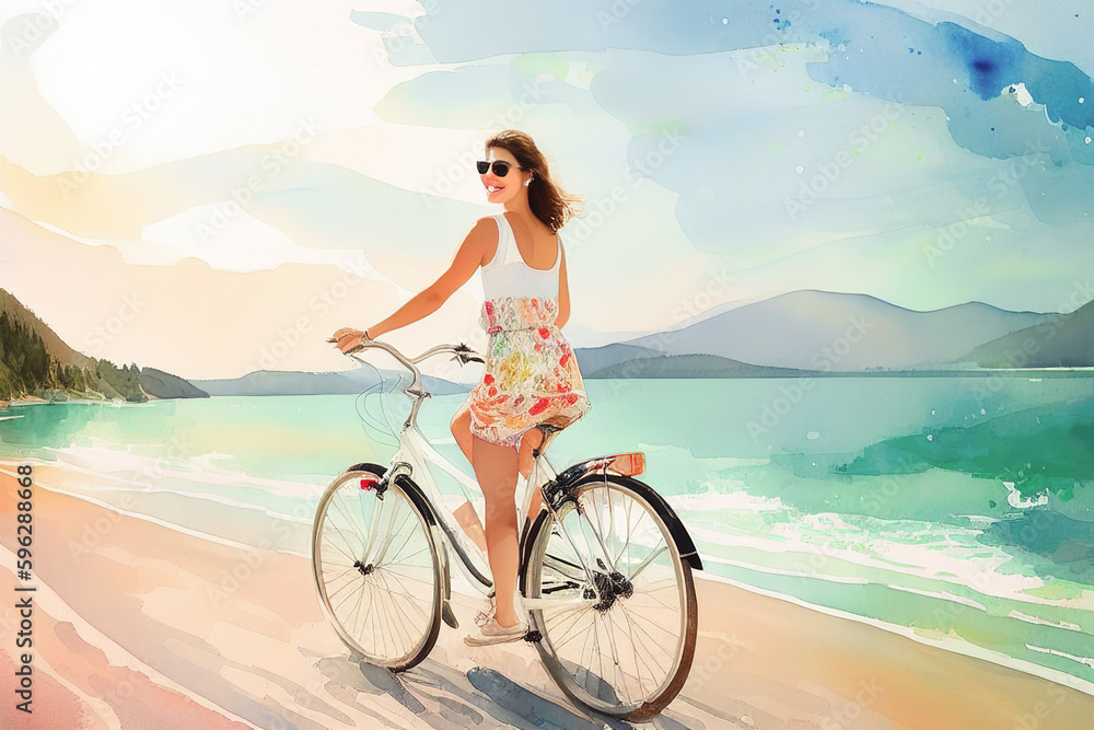 Watercolor illustration of a girl on a bicycle on the sea coast, Generative AI. Watercolor illustration of a girl on a bicycle on the sea coast, Generative AI.